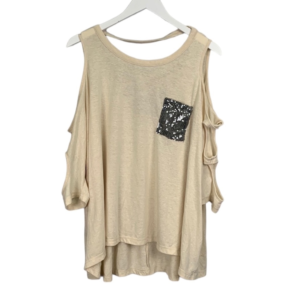 Umgee Cold Shoulder Cut Out Sequin Pocket Oversized Criss Cross Top Small